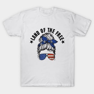 Womens Messy Bun Patriotic American Flag T-Shirt